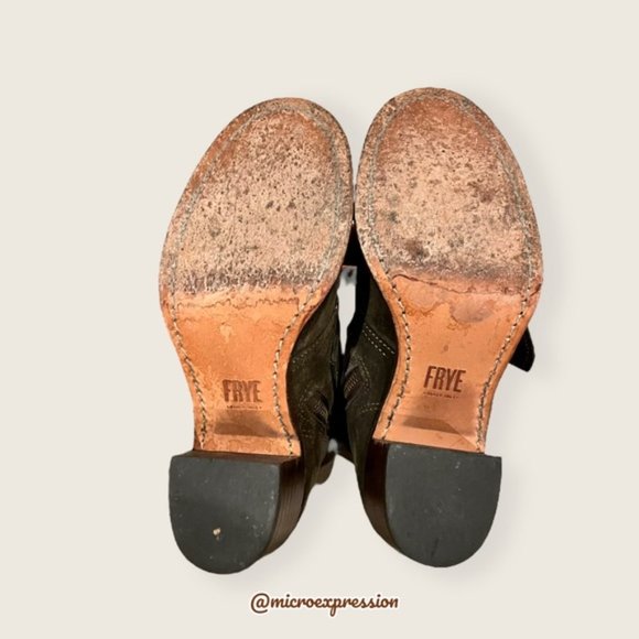 $399 Frye Sabrina Double Buckle Academia Green Suede Leather Moto Ankle Booties - Picture 12 of 15